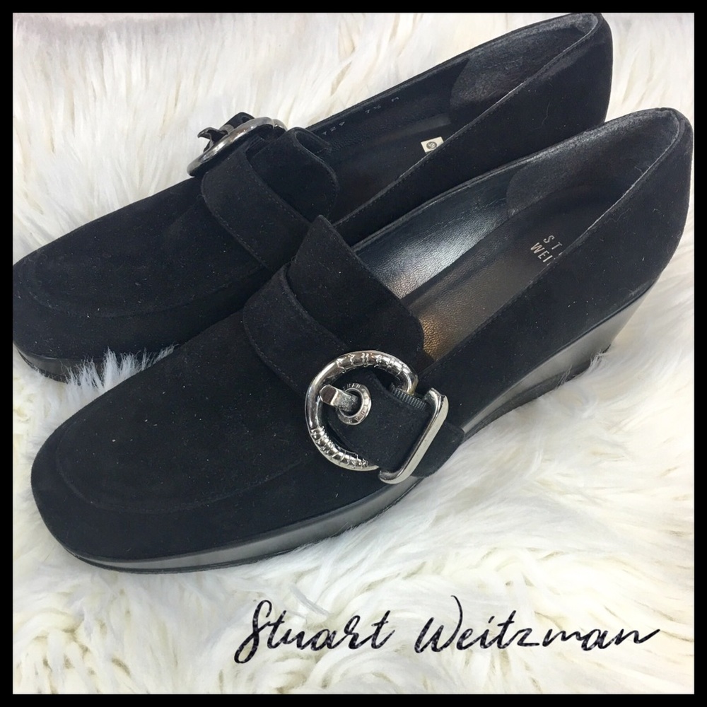Stuart Weitzman Black Suede Buckle Loafers Sz 7.5